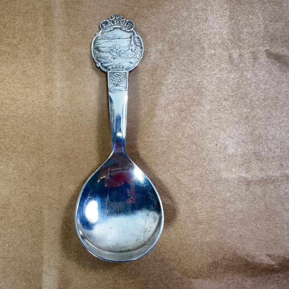Vintage Larvik Norway 40 NM Silverplate Souvenir Spoon Scenic Collectible 5.75in